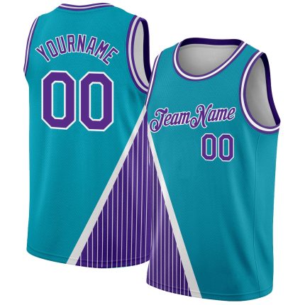 Custom Name Number Basketball Jersey Authentic City Edition Teal Purple White Triangle Pinstripes Personalized Teal Purple-White