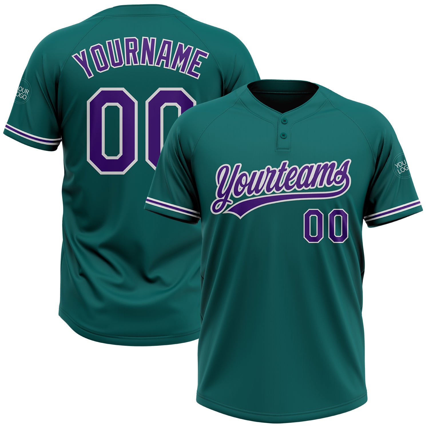 Personalized Softball Jersey Unisex Two-Button in Teal Purple White - Custom Team Apparel Personalized Teal Purple-White