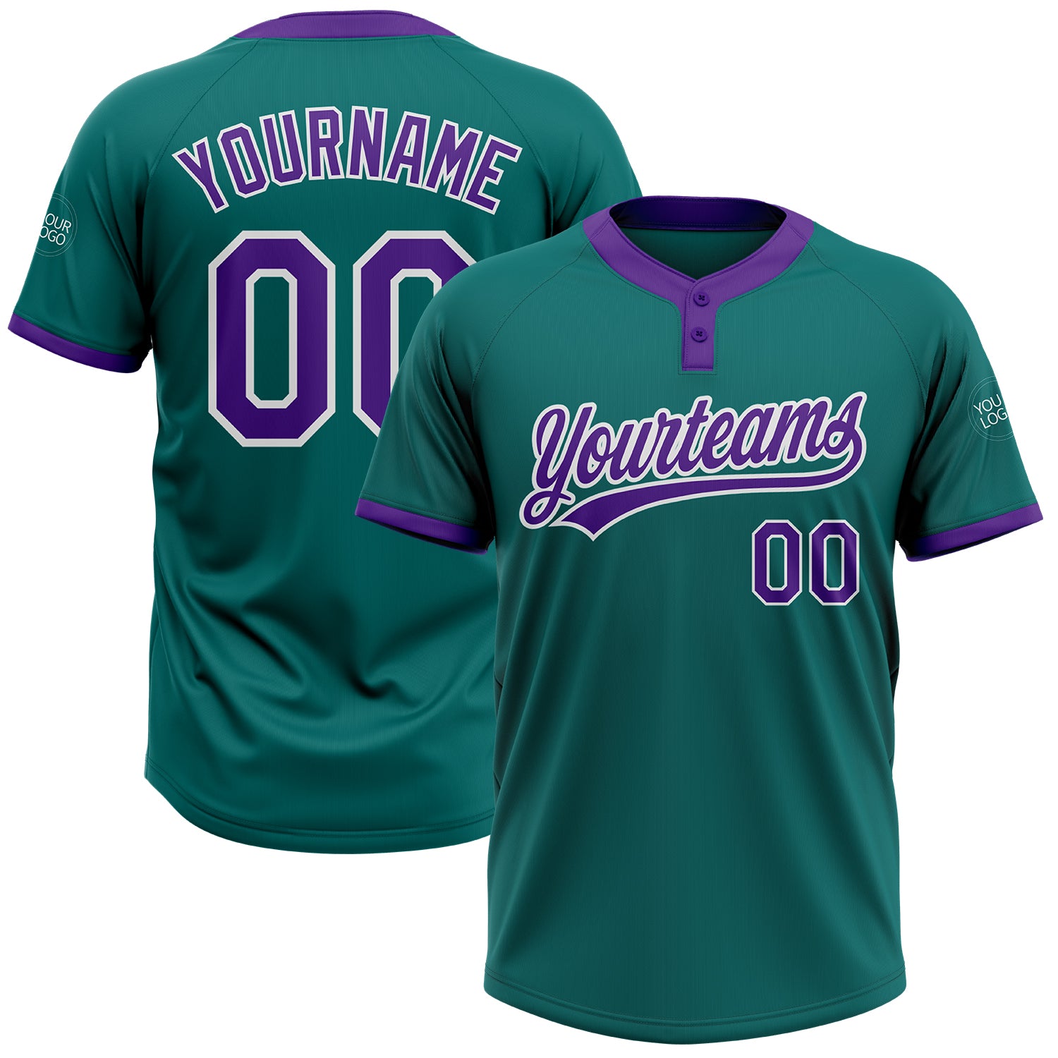 Custom Two-Button Unisex Softball Jersey Personalized with Name & Number in Teal and Purple-White Design Personalized Teal