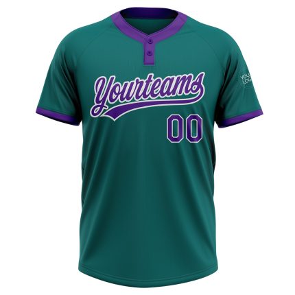 Custom Two-Button Unisex Softball Jersey Personalized with Name & Number in Teal and Purple-White Design Personalized Teal