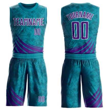 Custom Basketball Jersey with Personalized Name & Number, Teal Purple-White Wind Shapes Round Neck Sublimation Design Personalized