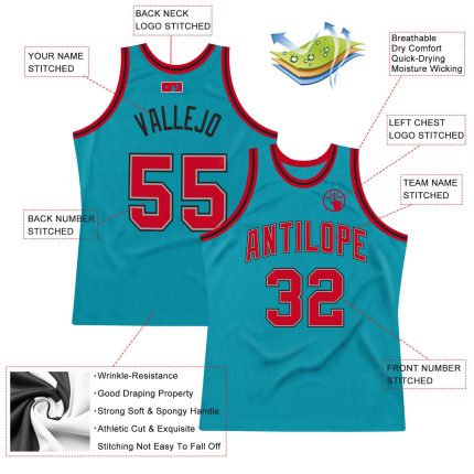 Personalized Authentic Throwback Basketball Jersey in Teal, Red, and Black Personalized Teal Red-Black Authentic Throwback