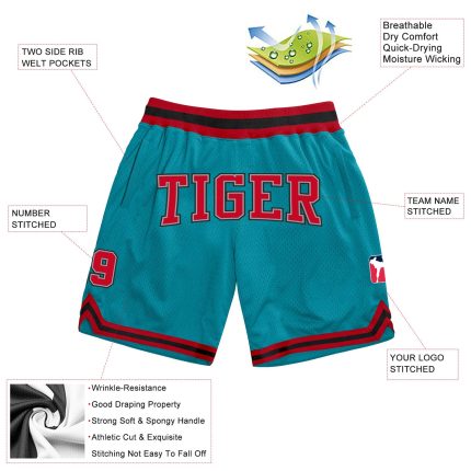 Custom Name and Number Authentic Throwback Basketball Shorts - Teal Red-Black Team Shorts Personalized Teal Red-Black Authentic