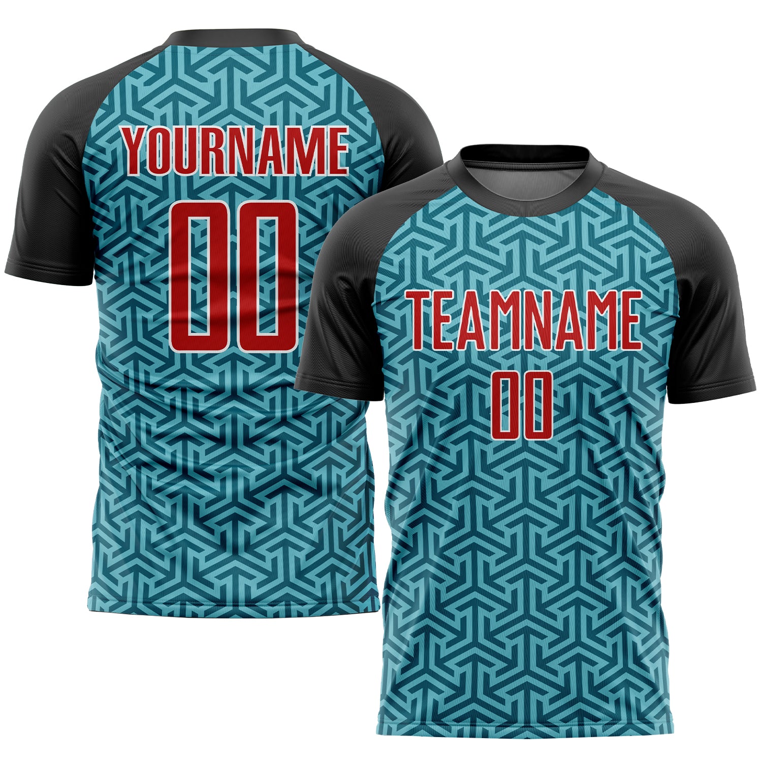 Custom Team Soccer Uniform Jersey - Personalized Red-Black Teal with Name & Number Personalized Teal Red-Black Sublimation