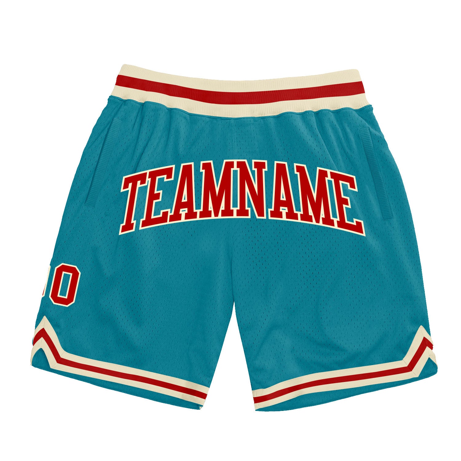 Custom Personalized Basketball Shorts with Team Name and Number - Authentic Teal Red-Cream Throwback Design Personalized