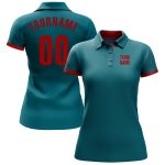 Custom Teal Red Golf Polo Shirt with Personalized Name and Number - Performance Team Apparel Personalized Teal Red Performance
