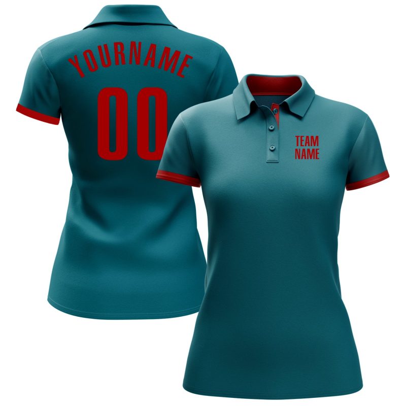 Custom Teal Red Golf Polo Shirt with Personalized Name and Number - Performance Team Apparel Personalized Teal Red Performance