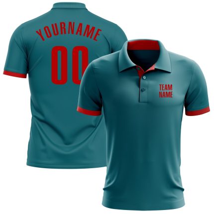 Custom Teal Red Golf Polo Shirt with Personalized Name and Number - Performance Team Apparel Personalized Teal Red Performance