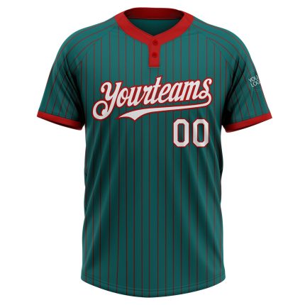Custom Team Softball Jersey - Unisex Teal Red Pinstripe with Personalized Name & Number, Two-Button Design Personalized Teal