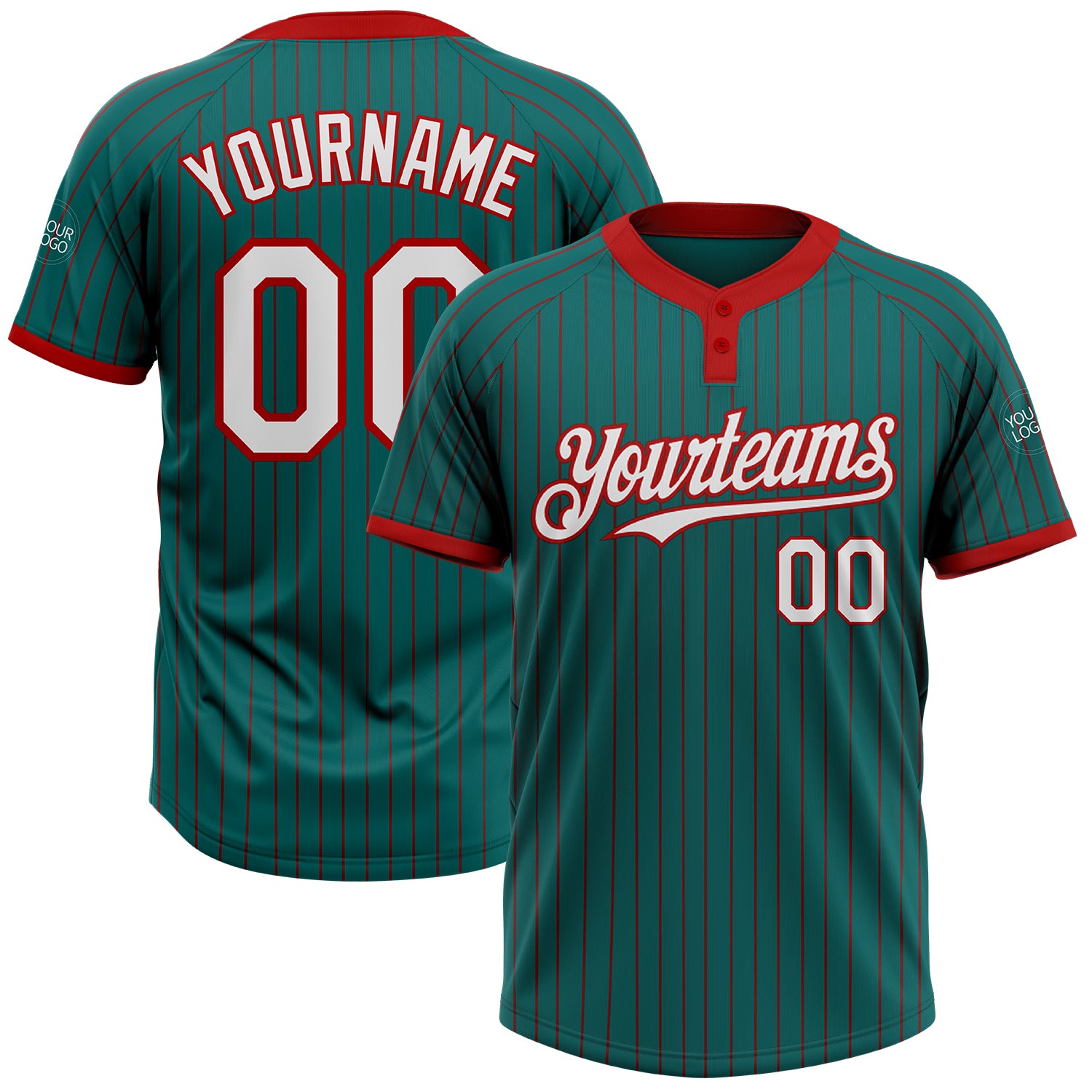 Custom Team Softball Jersey - Unisex Teal Red Pinstripe with Personalized Name & Number, Two-Button Design Personalized Teal
