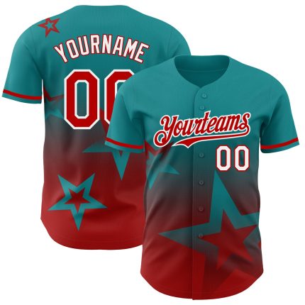 Custom Name and Number Baseball Jersey, Personalized 3D Teal Red-White Gradient Twinkle Star Design Personalized Teal Red-White