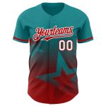 Custom Name and Number Baseball Jersey, Personalized 3D Teal Red-White Gradient Twinkle Star Design Personalized Teal Red-White