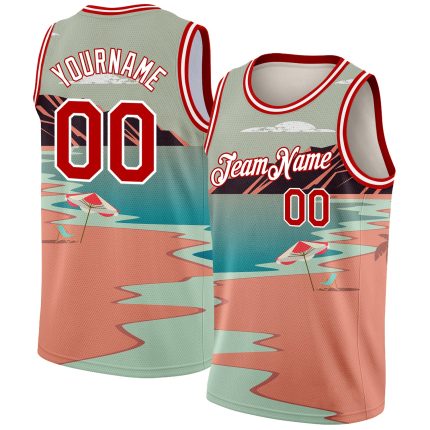 Custom Name Number Personalized Tropical Beach Basketball Jersey Hawaii Palm Trees Teal Red-White 3D Pattern Personalized