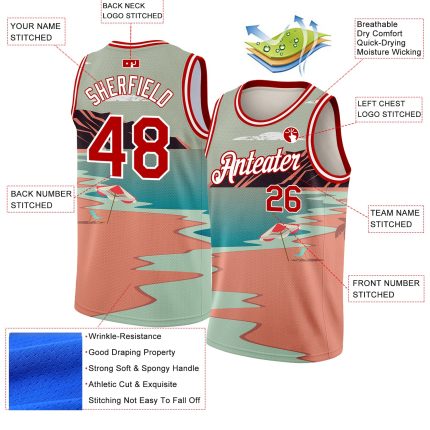 Custom Name Number Personalized Tropical Beach Basketball Jersey Hawaii Palm Trees Teal Red-White 3D Pattern Personalized