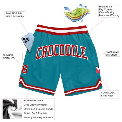 Custom Team Name Number Basketball Shorts - Authentic Teal Red-White Throwback Style Personalized Teal Red-White Authentic