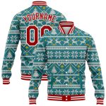 Custom Name Number 3D Bomber Varsity Letterman Jacket Teal Red White Christmas Full-Snap Personalized Teal Red-White Christmas
