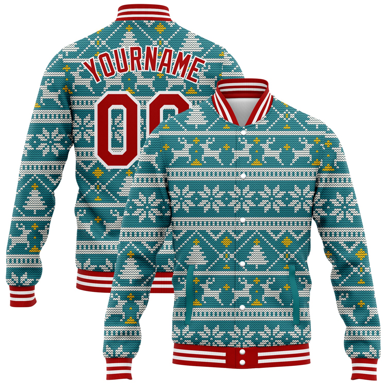 Custom Name Number 3D Bomber Varsity Letterman Jacket Teal Red White Christmas Full-Snap Personalized Teal Red-White Christmas