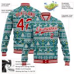 Custom Name Number 3D Bomber Varsity Letterman Jacket Teal Red White Christmas Full-Snap Personalized Teal Red-White Christmas