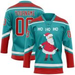 Custom Name and Number Christmas Santa Claus 3D Hockey Lace Neck Jersey - Teal Red-White Team Apparel Personalized Teal Red-White