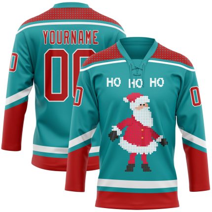 Custom Name and Number Christmas Santa Claus 3D Hockey Lace Neck Jersey - Teal Red-White Team Apparel Personalized Teal Red-White