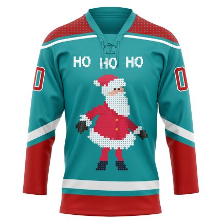 Custom Name and Number Christmas Santa Claus 3D Hockey Lace Neck Jersey - Teal Red-White Team Apparel Personalized Teal Red-White
