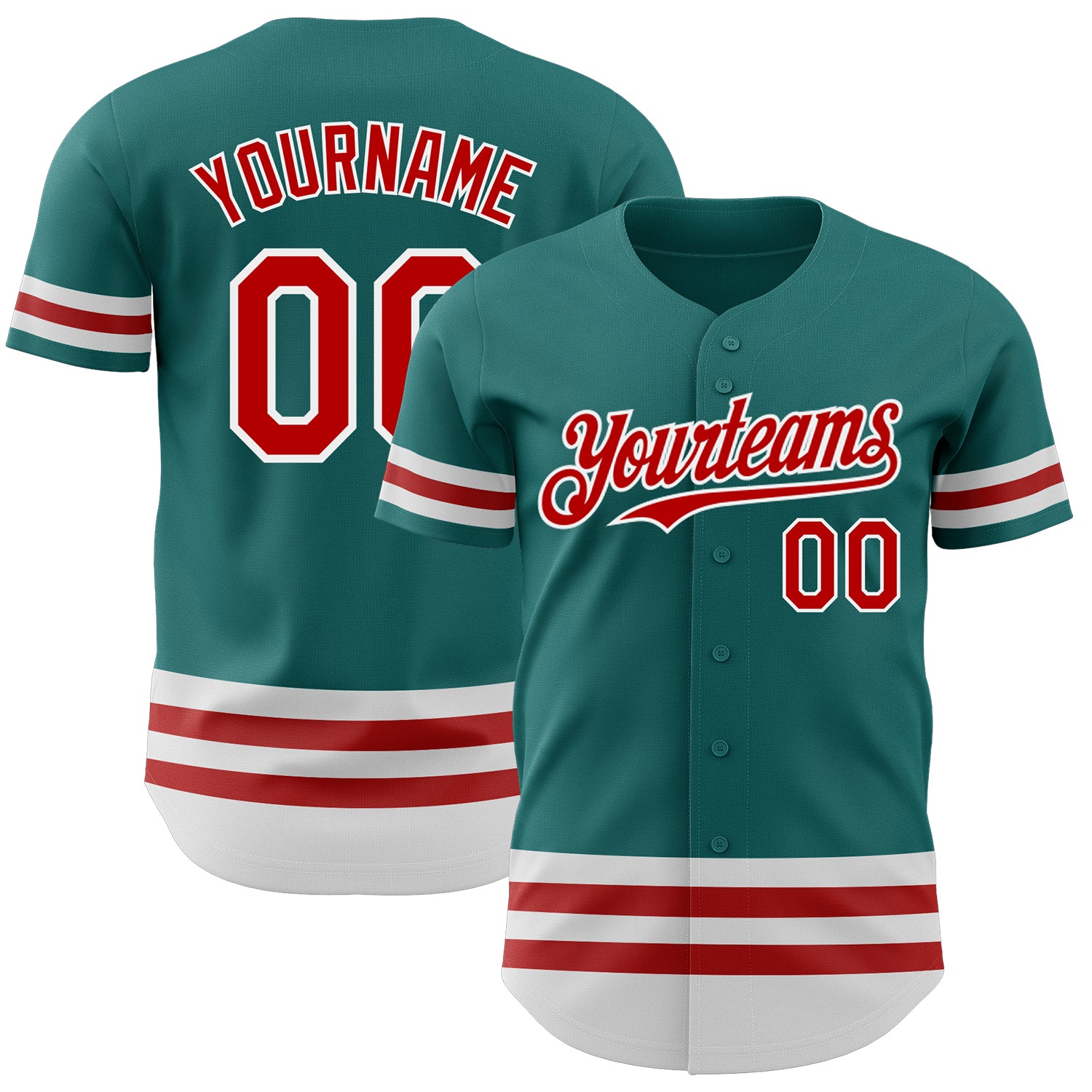 Custom Name and Number Authentic Baseball Jersey - Personalized Teal Red White Line Team Apparel Personalized Teal Red-White