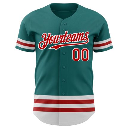 Custom Name and Number Authentic Baseball Jersey - Personalized Teal Red White Line Team Apparel Personalized Teal Red-White