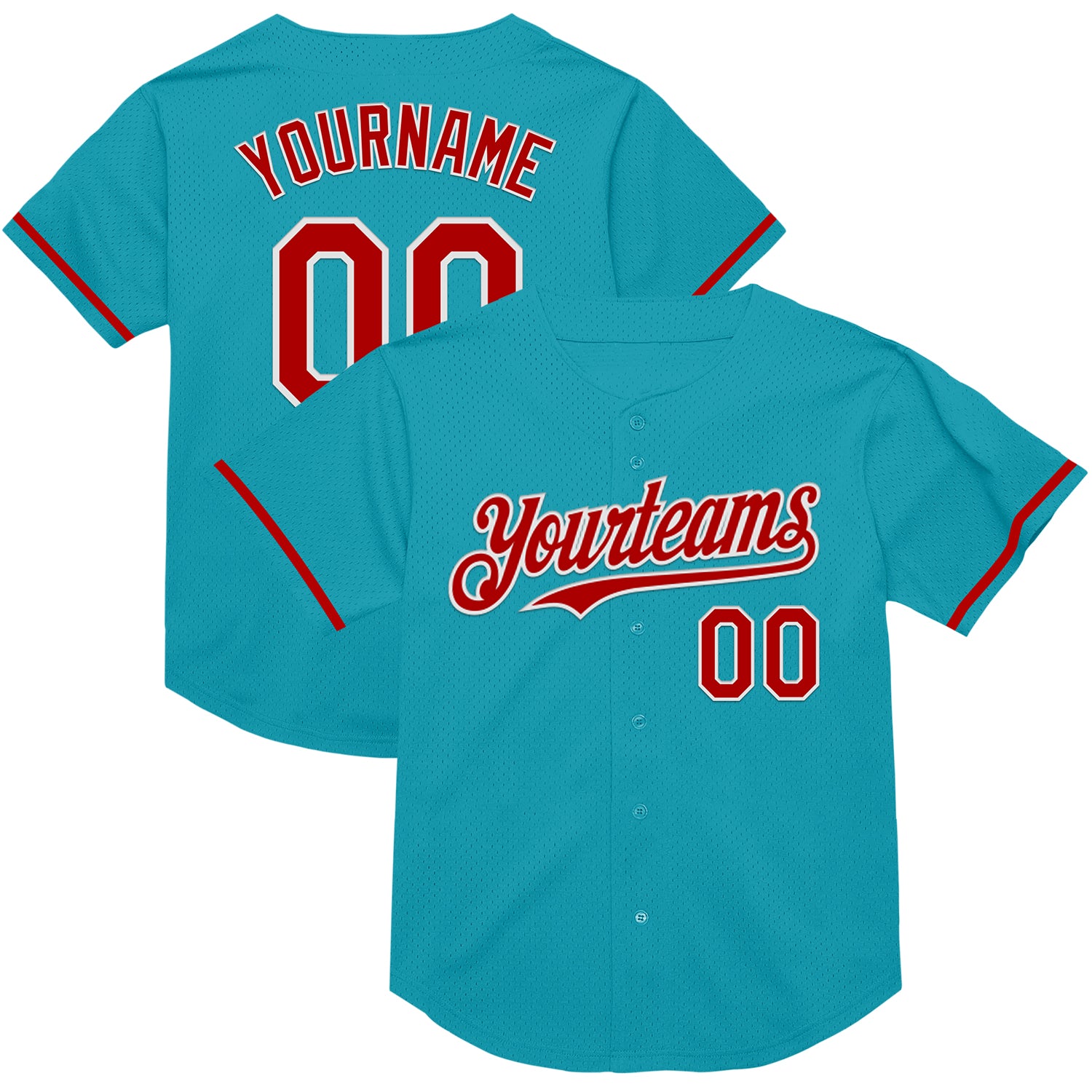 Custom Name Number Authentic Throwback Baseball Jersey - Personalized Red White Teal Mesh Team Jersey Personalized Teal Red-White