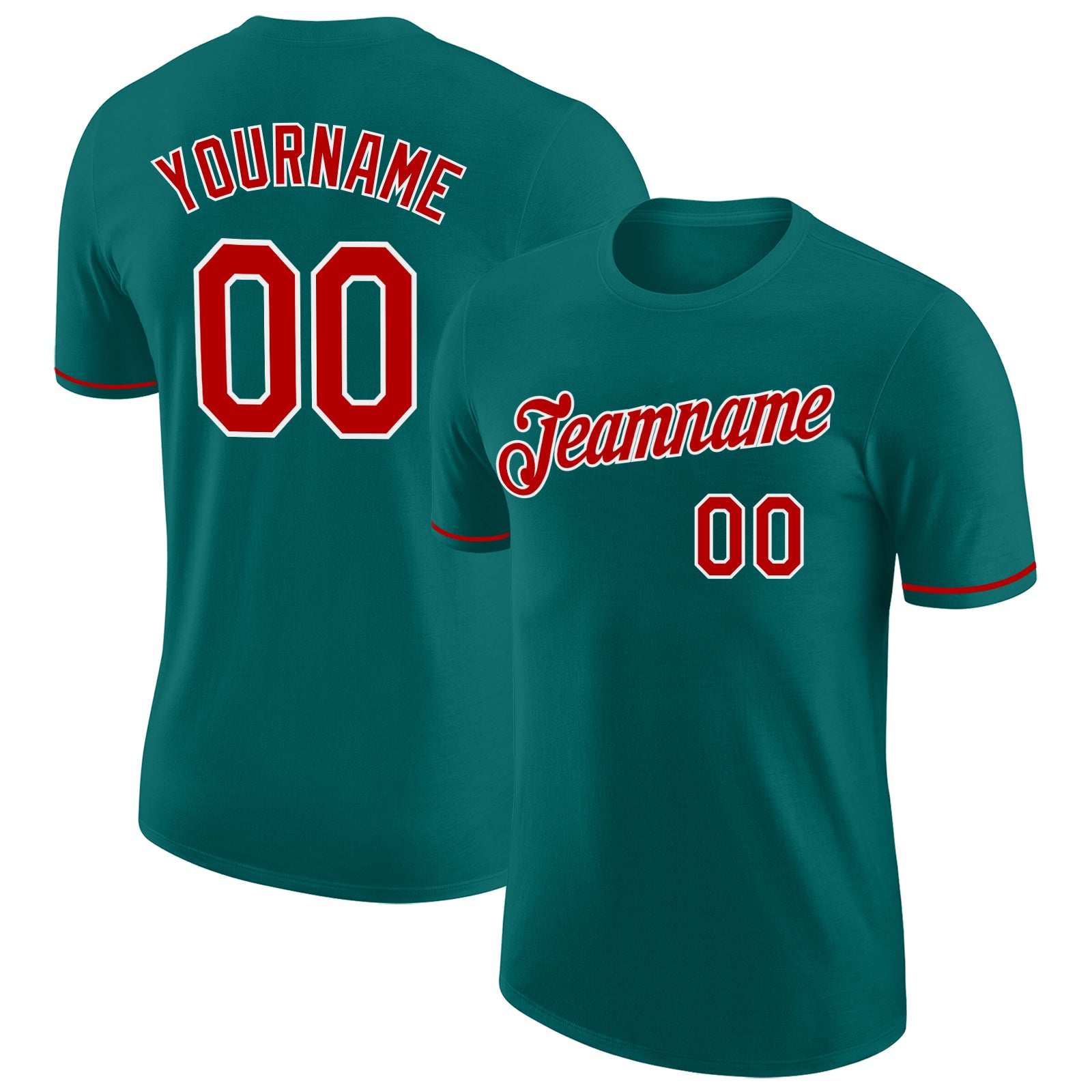 Custom Team Performance T-Shirt with Personalized Name and Number | Teal Red-White Design Personalized Teal Red-White Performance