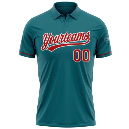 Custom Personalized Teal Red-White Golf Polo Shirt with Name and Number - Performance Vapor Team Apparel Personalized Teal