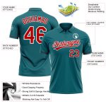 Custom Personalized Teal Red-White Golf Polo Shirt with Name and Number - Performance Vapor Team Apparel Personalized Teal