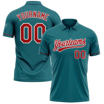 Custom Personalized Teal Red-White Golf Polo Shirt with Name and Number - Performance Vapor Team Apparel Personalized Teal
