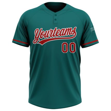 Custom Teal Red-White Unisex Softball Jersey - Two-Button Design, Personalized доступно Personalized Teal Red-White Two-Button