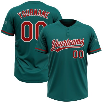 Custom Teal Red-White Unisex Softball Jersey - Two-Button Design, Personalized доступно Personalized Teal Red-White Two-Button
