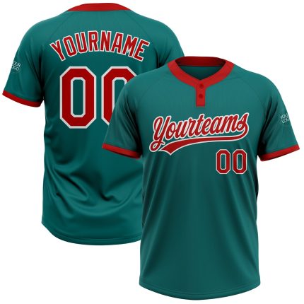 Custom Name and Number Unisex Softball Jersey - Personalized Teal Red-White Two-Button Design Personalized Teal Red-White