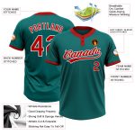 Custom Name and Number Unisex Softball Jersey - Personalized Teal Red-White Two-Button Design Personalized Teal Red-White