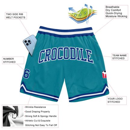 Custom Team Name Number Authentic Throwback Basketball Shorts in Teal Royal-White - Personalized Sportswear Personalized