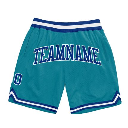 Custom Team Name Number Authentic Throwback Basketball Shorts in Teal Royal-White - Personalized Sportswear Personalized