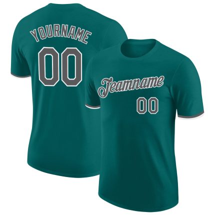 Custom Performance T-Shirt with Team Name and Number, Personalized Teal Steel Gray-White Design Personalized Teal Steel Gray-White