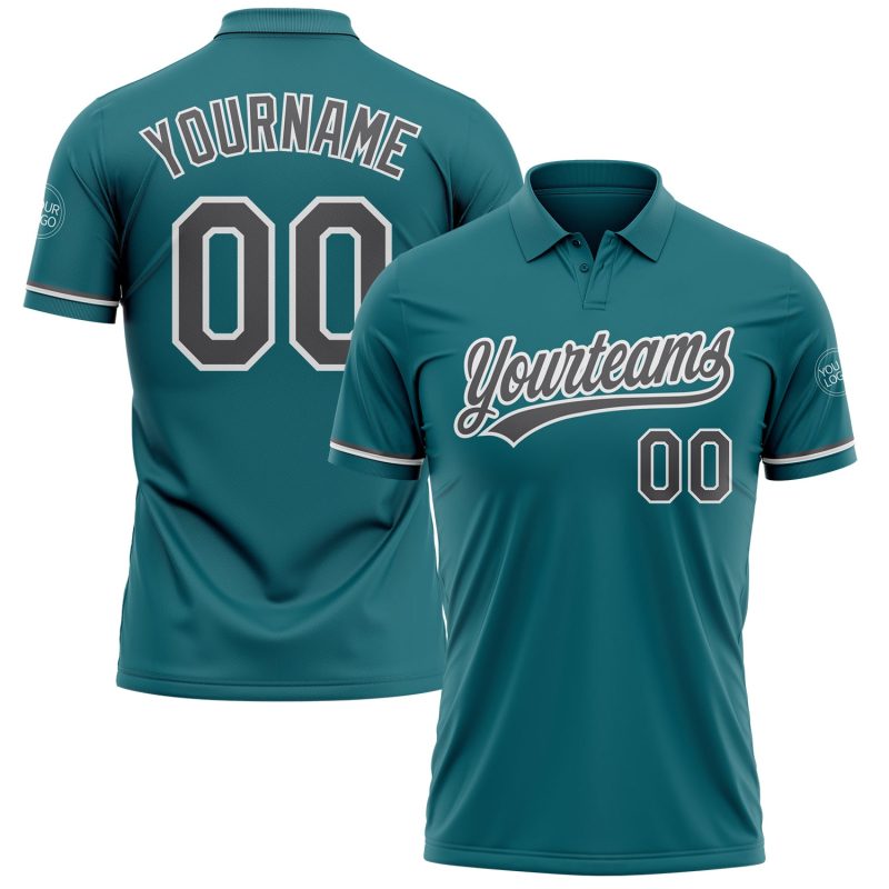Custom Teal Gray Performance Vapor Golf Polo Shirt with Personalized Team Name and Number Personalized Teal Steel Gray-White