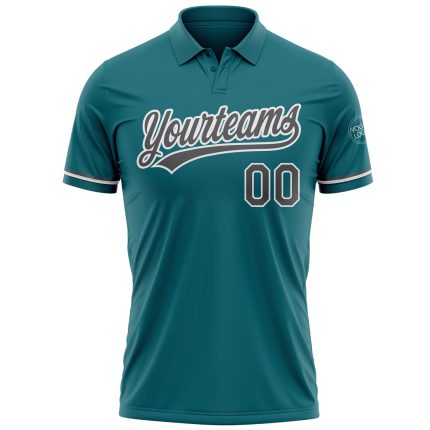 Custom Teal Gray Performance Vapor Golf Polo Shirt with Personalized Team Name and Number Personalized Teal Steel Gray-White