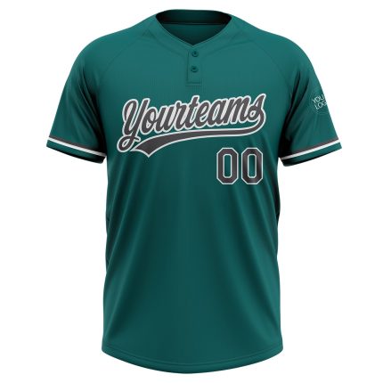 Custom Name and Number Unisex Softball Jersey - Teal Steel Gray-White Two-Button Design Personalized Teal Steel Gray-White