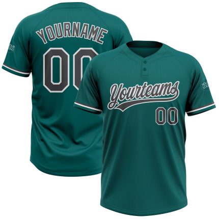 Custom Name and Number Unisex Softball Jersey - Teal Steel Gray-White Two-Button Design Personalized Teal Steel Gray-White