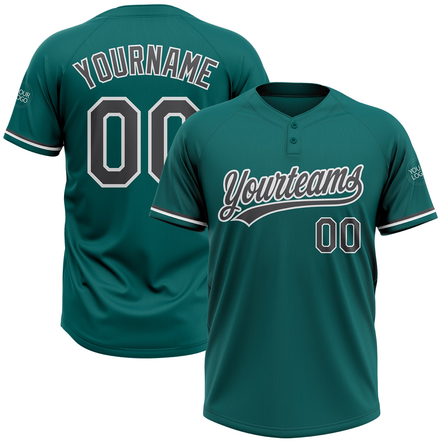 Custom Name and Number Unisex Softball Jersey - Teal Steel Gray-White Two-Button Design Personalized Teal Steel Gray-White