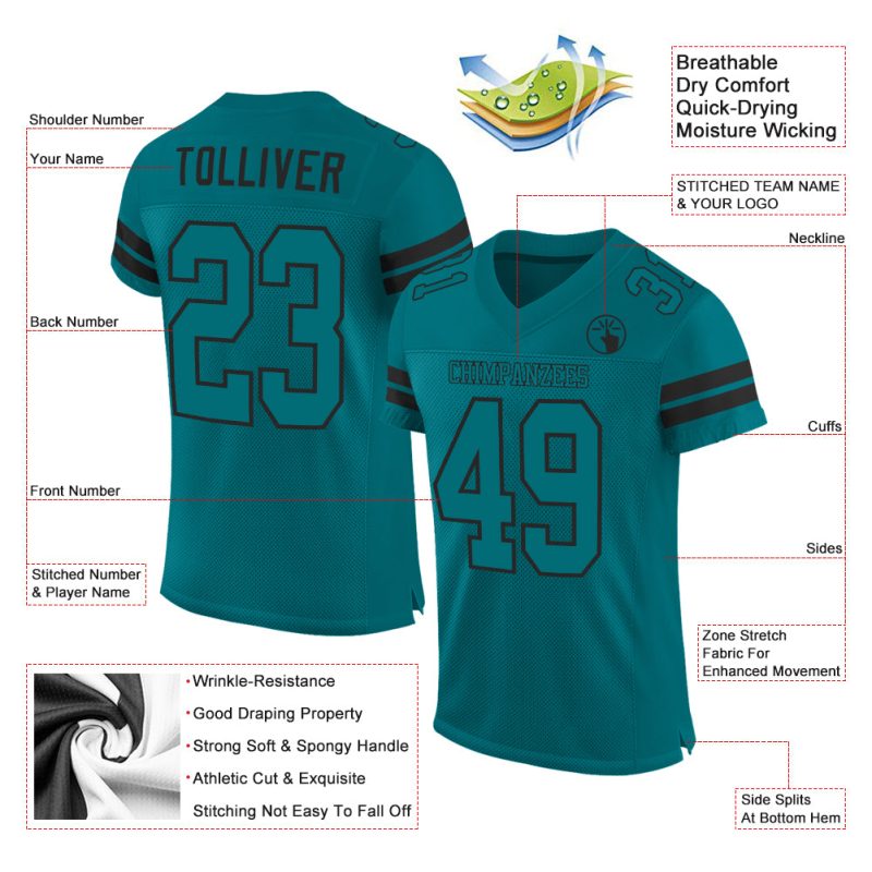 Customizable Teal Football Jersey with Team Name and Number - Authentic Mesh Sport Apparel Personalized Teal Teal-Black Mesh