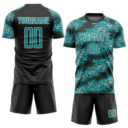 Custom Name and Number Soccer Uniform Jersey - Personalized Teal and Black Sublimation Team Gear Personalized Teal Teal-Black