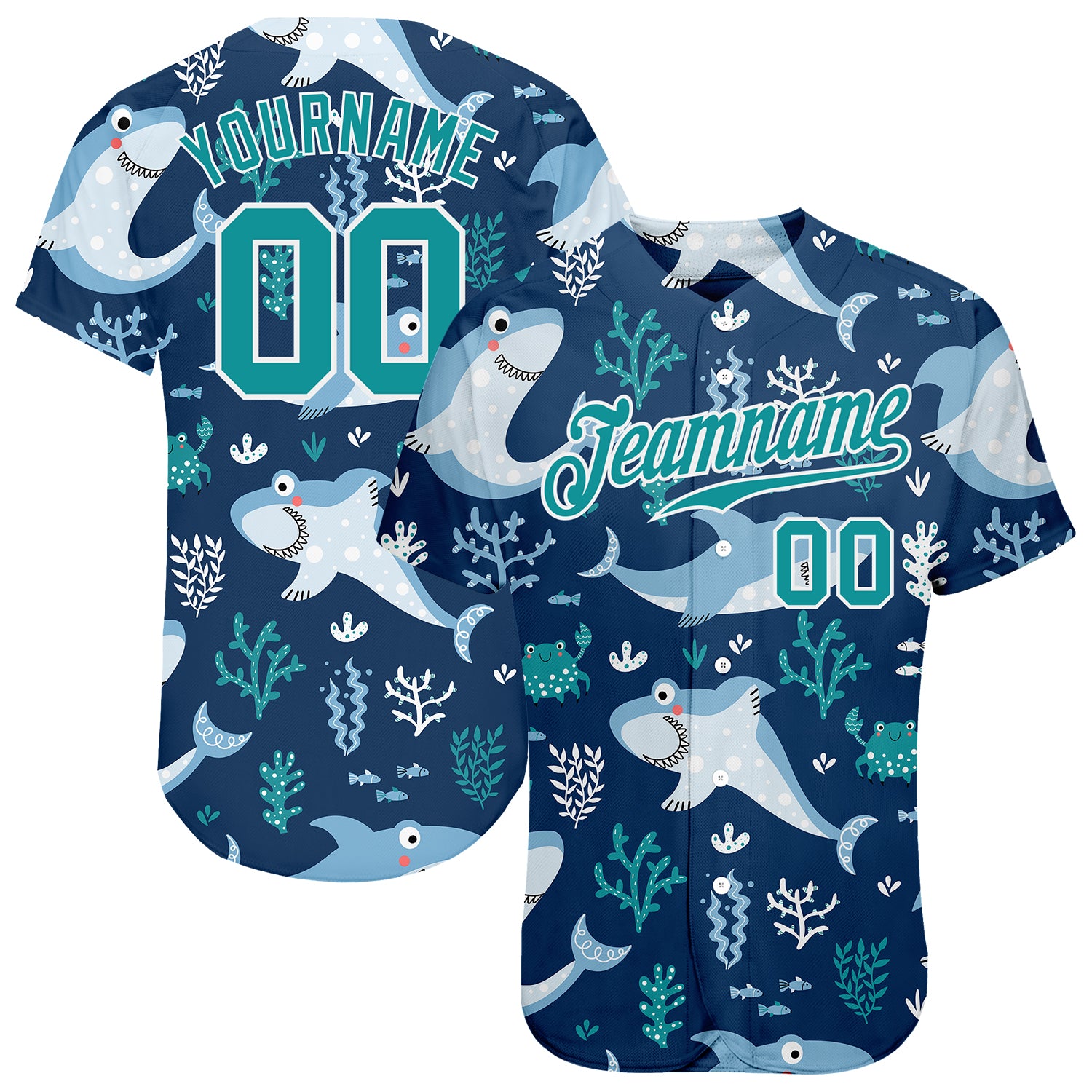 Custom Sharks Baseball Jersey with Personalized Name and Number, Teal 3D Pattern Design, Authentic Team Apparel Personalized