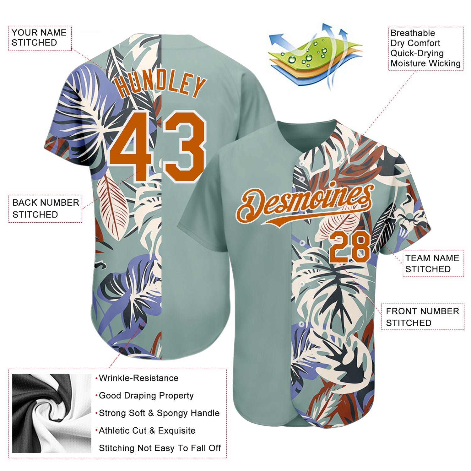 Personalized Teal Texas Orange-White 3D Pattern Design Hawaii Tropical Palm Leaves Authentic Baseball Jersey Team Custom Name and Number Personalized Teal Baseball Jersey with Texas Orange-White 3D Pattern, Custom Name & Number, Hawaii Tropical Palm Leaves Design - Image 3