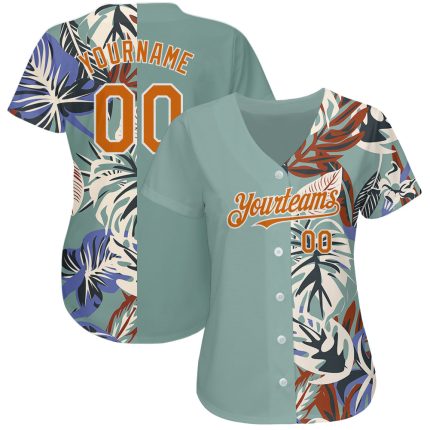 Personalized Teal Baseball Jersey with Texas Orange-White 3D Pattern, Custom Name & Number, Hawaii Tropical Palm Leaves Design