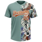 Custom Teal Texas Orange-White Softball Jersey with 3D Tropical Palm Leaves, Unisex Two-Button, Personalized Name & Number